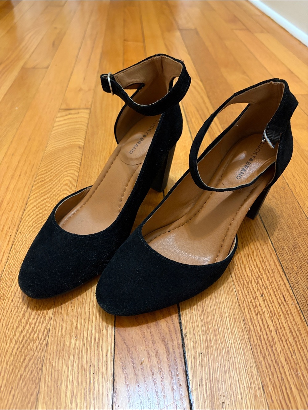 Lucky Brand Black Suede Ankle-Strap Block Heels